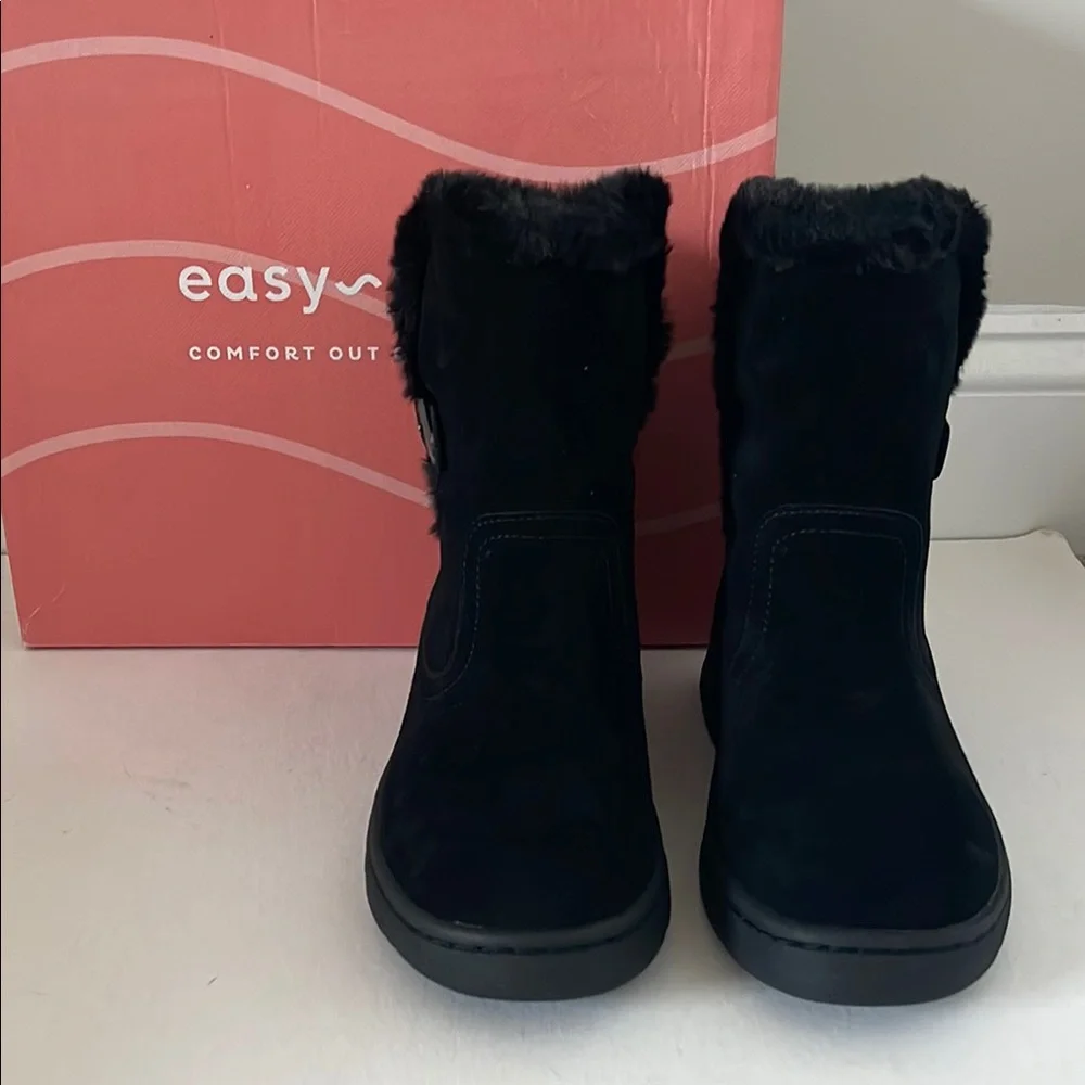 Easy Spirit Segraye Black Genuine Leather Faux-Fur Lined Winter Boots, Size 8 W